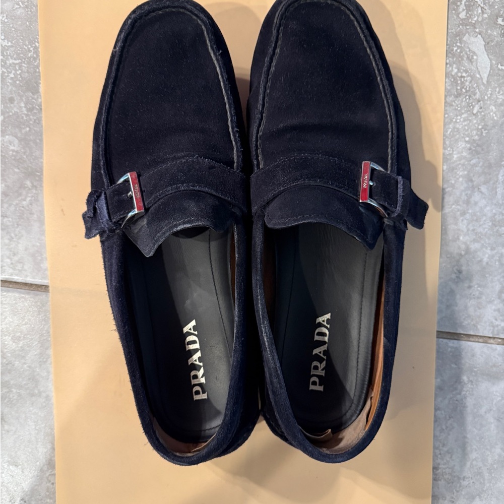 Prada Men's Navy suede Loafers with Buckle Detail